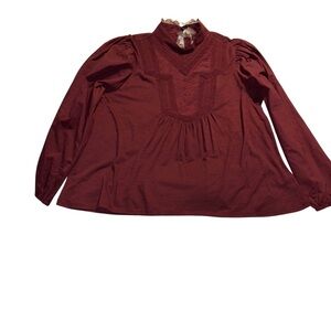 Cupio Red Relaxed Pleated Blouse with Mandarin Collar